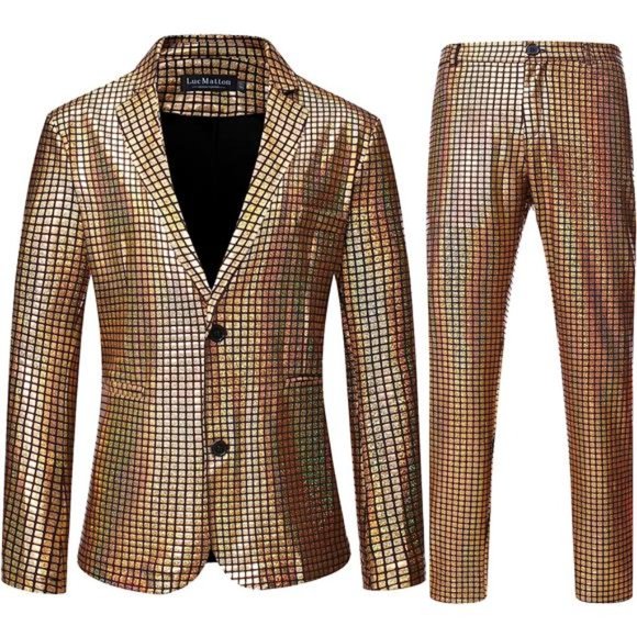 Men's 2 Piece Disco Sets Shiny Jacket and Pants Metallic Sequin Suits - Picture 1 of 7